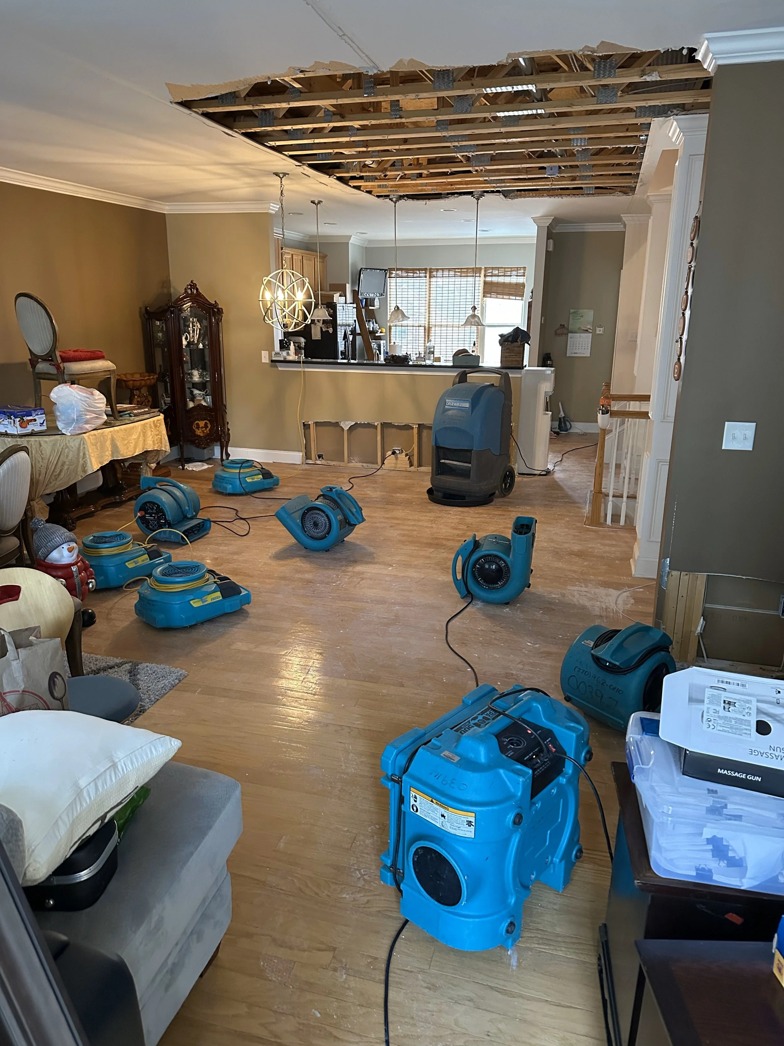 Demo performed on ceiling, floor cleaned up and equipment is drying the living room