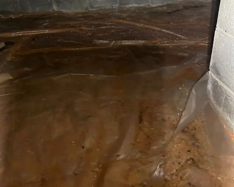 Water on plastic vapor barrier in crawlspace after water loss in home