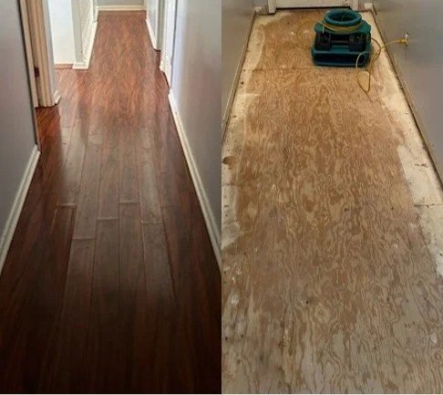 Comparison of hallway before and after ServiceMaster removed the water damage laminate flooring