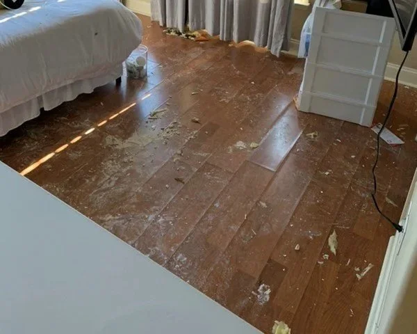 Damaged flooring from a burst pipe during a freeze