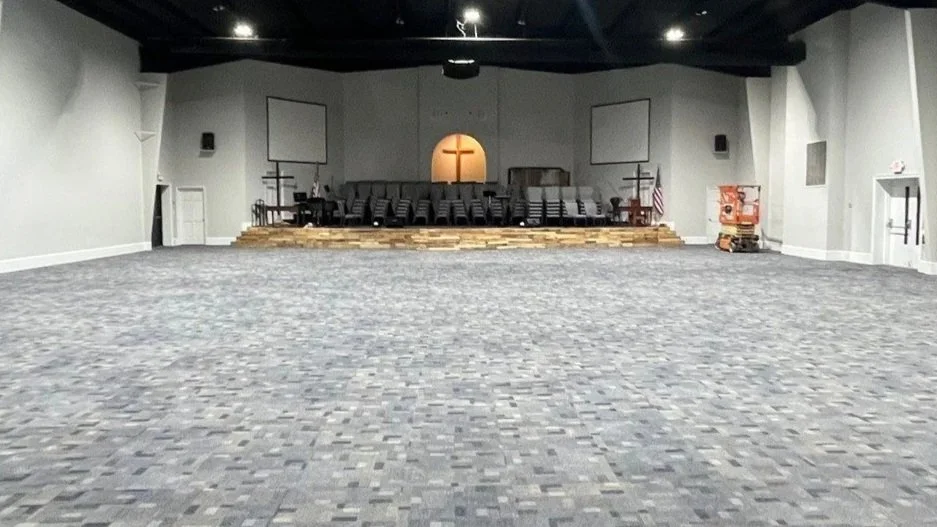 Sanctuary carpet after ServiceMaster carpet cleaning looking at sanctuary stage