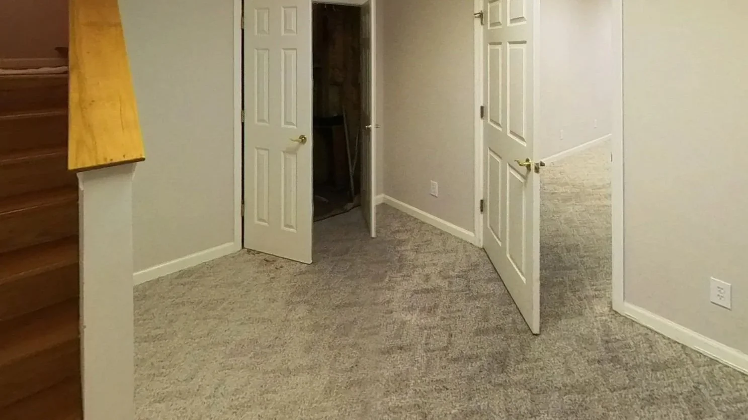 Carpet is saturated with water in a basement foyer