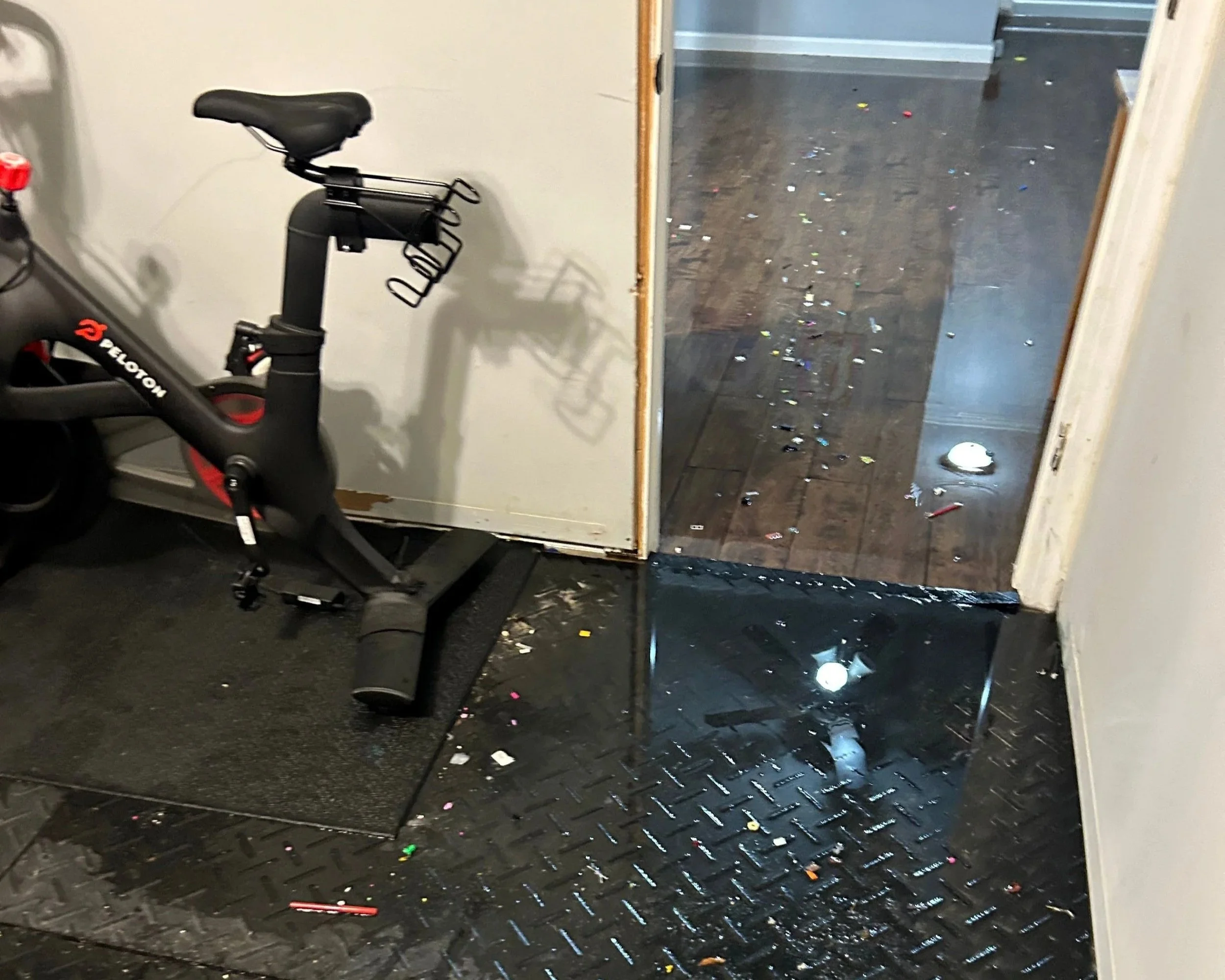 Gym flooded after a pipe burst in the basement