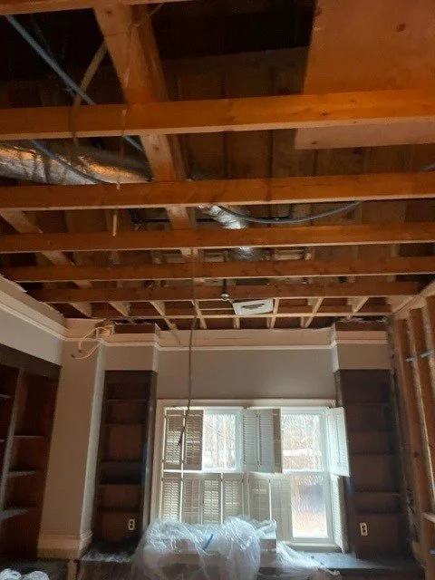 View of ceiling after ServiceMaster removed wet drywall and dried the room