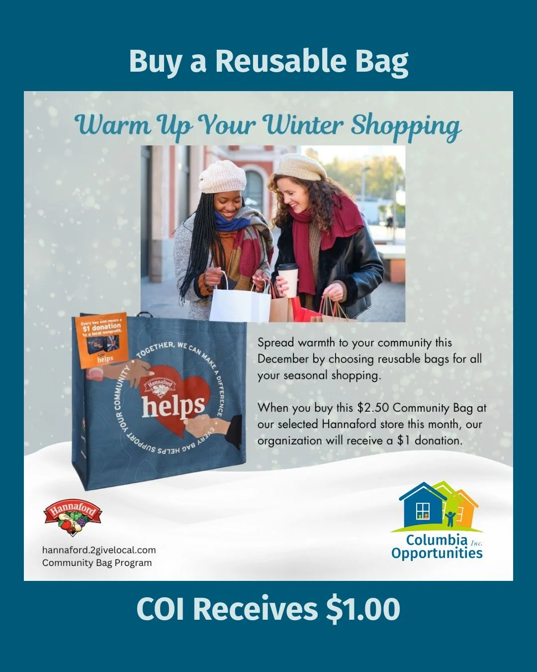 Every time a shopper purchases a $2.50 Community Bag in December at Hannaford, 32 State Route 82 in Hudson, Columbia Opportunities receives a $1 donation. If you need a fresh bag for all your holiday shopping, now's the time to buy one!

Thanks @hann