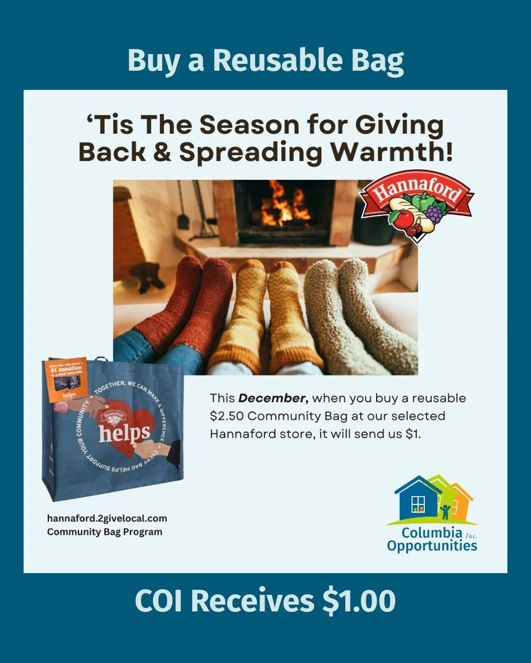 Every time a shopper purchases a $2.50 Community Bag in December at Hannaford, 32 State Route 82 in Hudson, Columbia Opportunities receives a $1 donation. If you need a fresh bag for all your holiday shopping, now's the time to buy one!

Thanks @hann