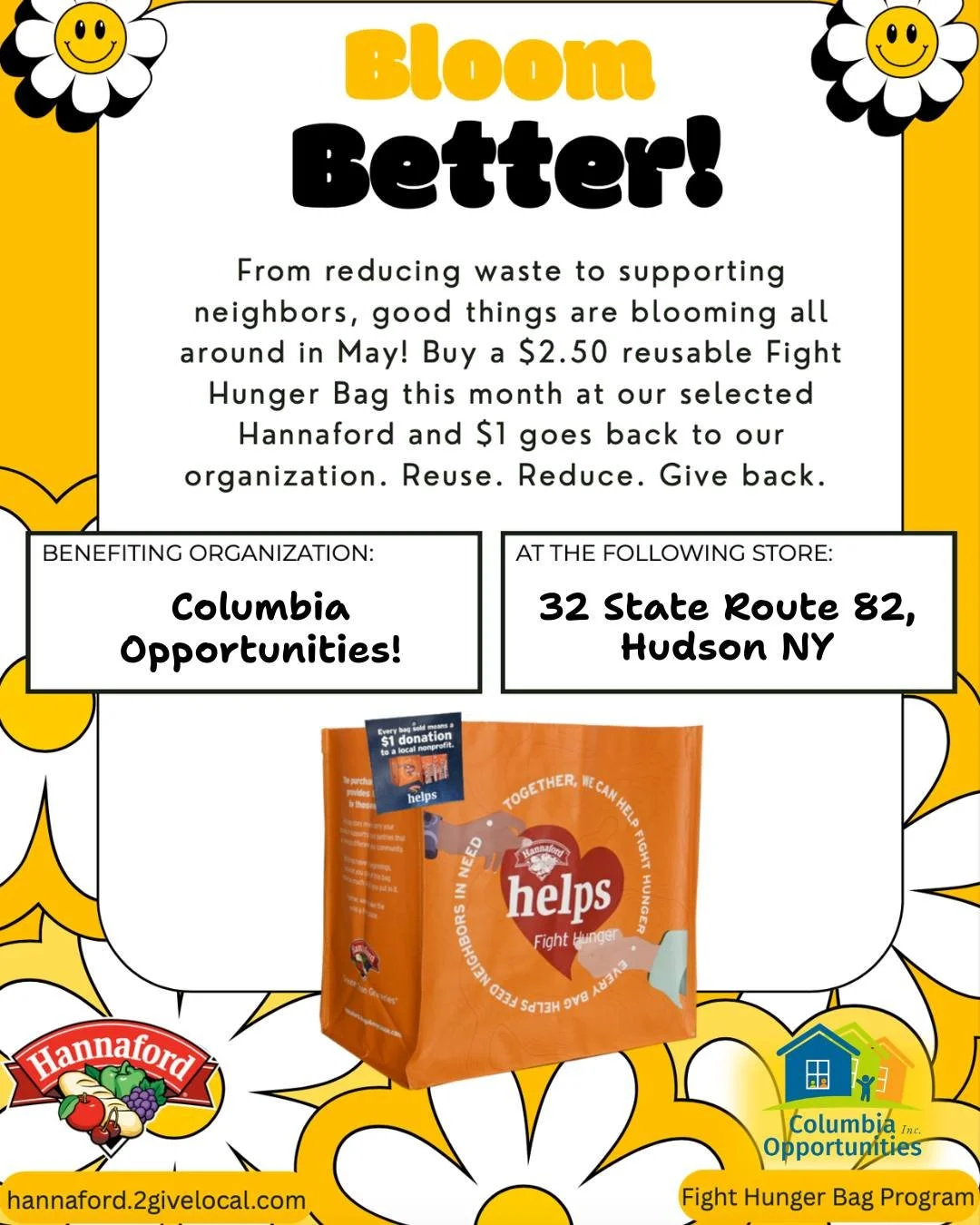 💪 Help us fight hunger in Columbia County!

Hannaford has selected COI to receive $1 for every $2.50 reusable Fight Hunger Bag in May. If you need a bag, consider purchasing this one! Thank you.

#fighthunger #columbiacountyny #hudsonny #hannafordsu
