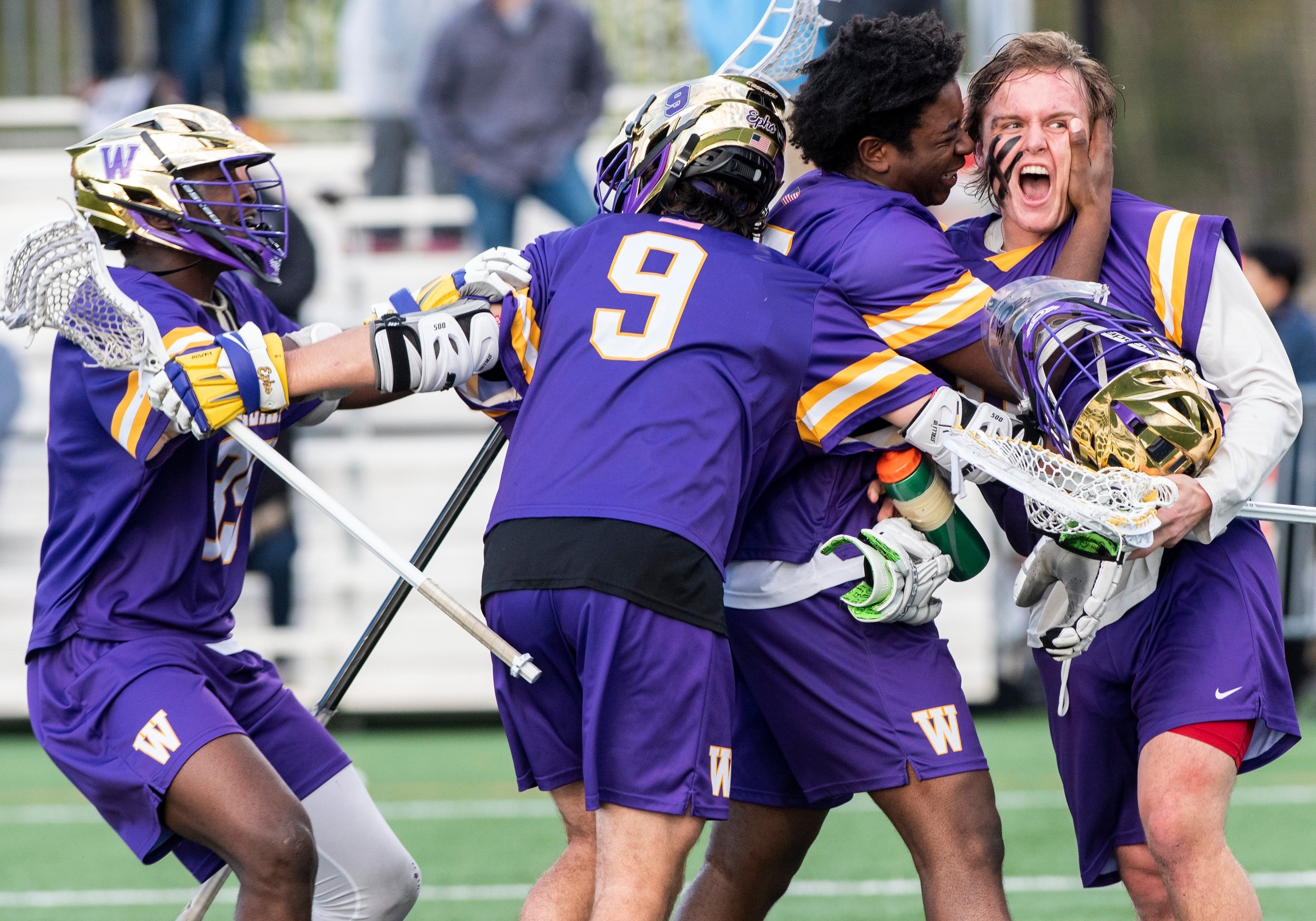  Williams College celebrates as they win the NCAA Quarterfinal on May 15, 2019 at the Rochester Institute of Technology Turf Field in Henrietta, N.Y. RIT lost to Williams in the second overtime with a final score of 12-11. 