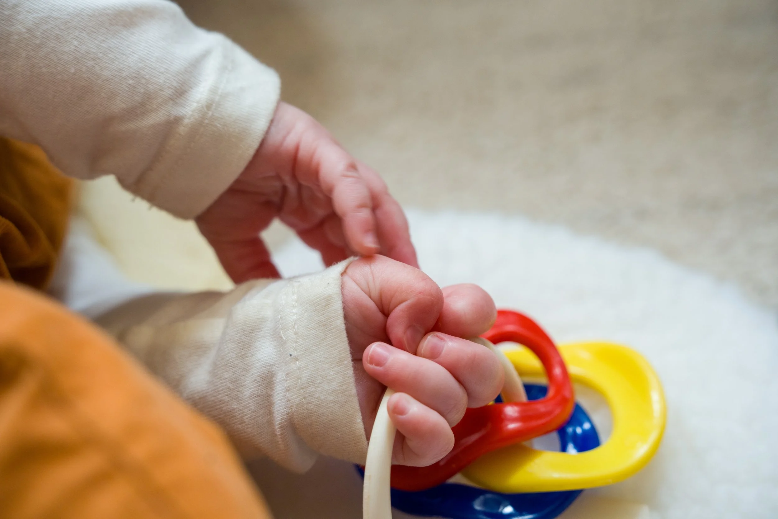 A baby play with a rattle at home in Upstate New York