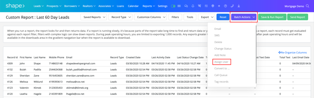 In Custom Reporting, use the “Batch Actions” to re-assign and select the users in which you’d like to round robin the records to.