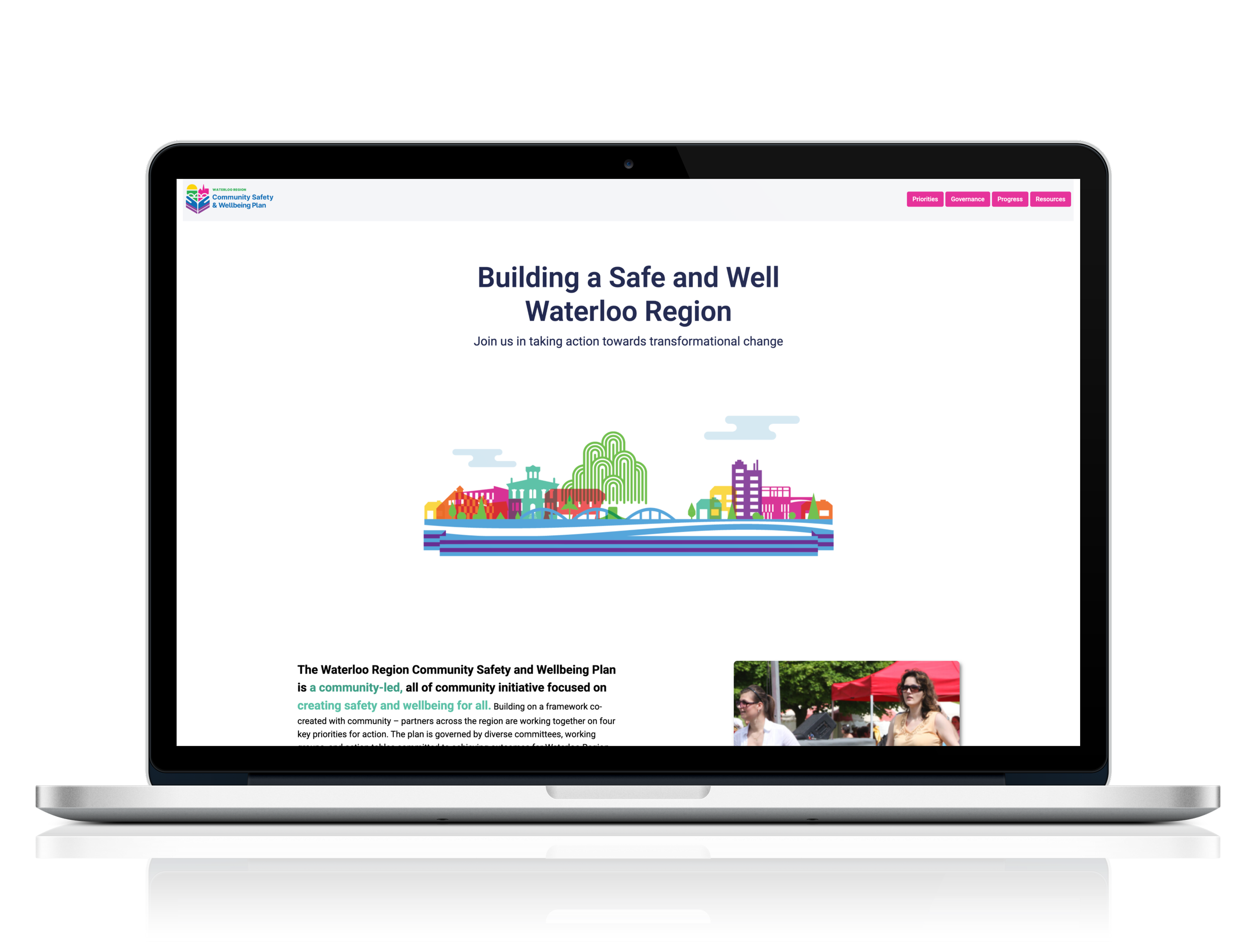 Laptop with a screenshot from the Waterloo CSWP website with graphics by Katie Wilhelm