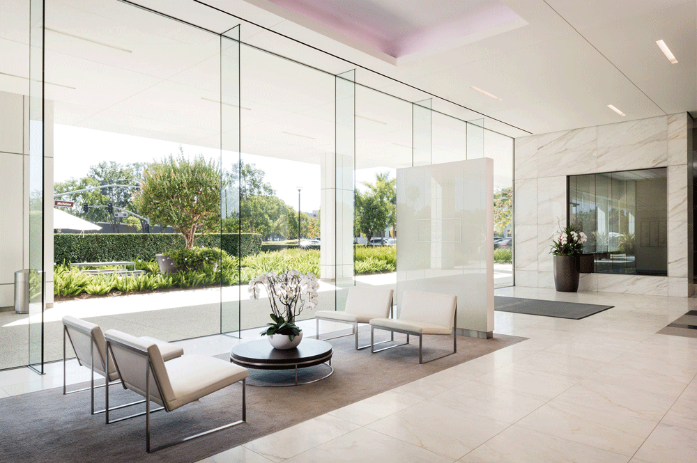 Front lobby of Kilroy Realty building, people in architecture, architectural lifestyle photography, commercial photography, san diego photographers