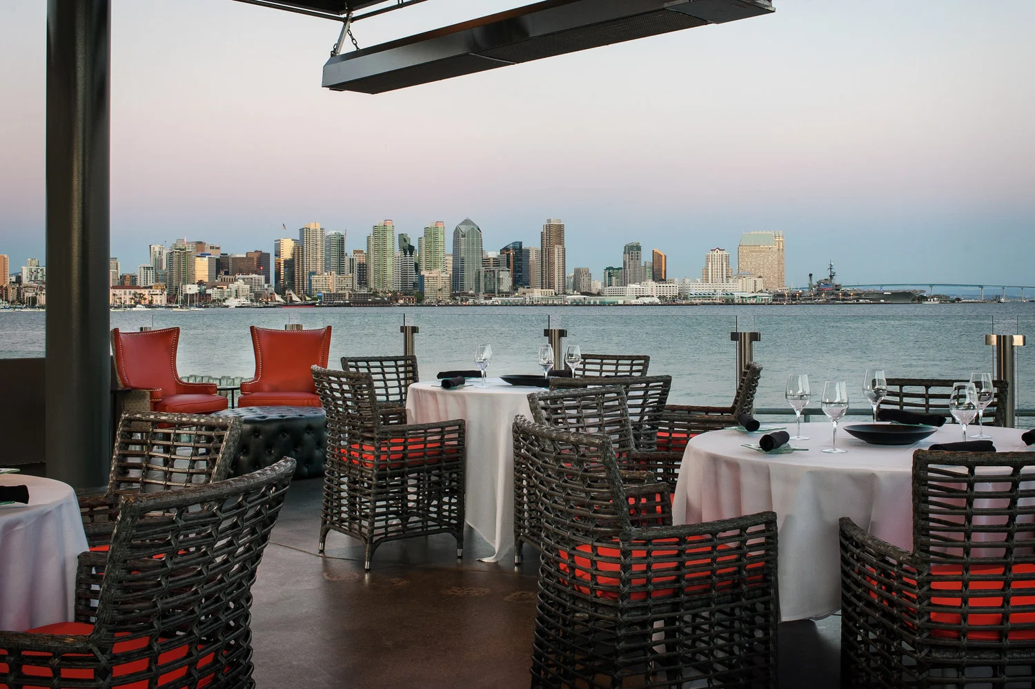 Patio of Coasterra overlooking San Diego skyline, architecture, restaurant architecture, Cohn restaurant