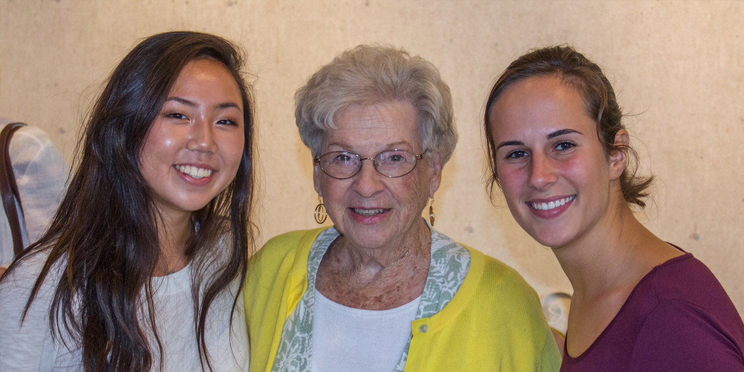 Sami Masaki (left) and Maddie Nichols (right) with Martha Weber after viewing the finished video