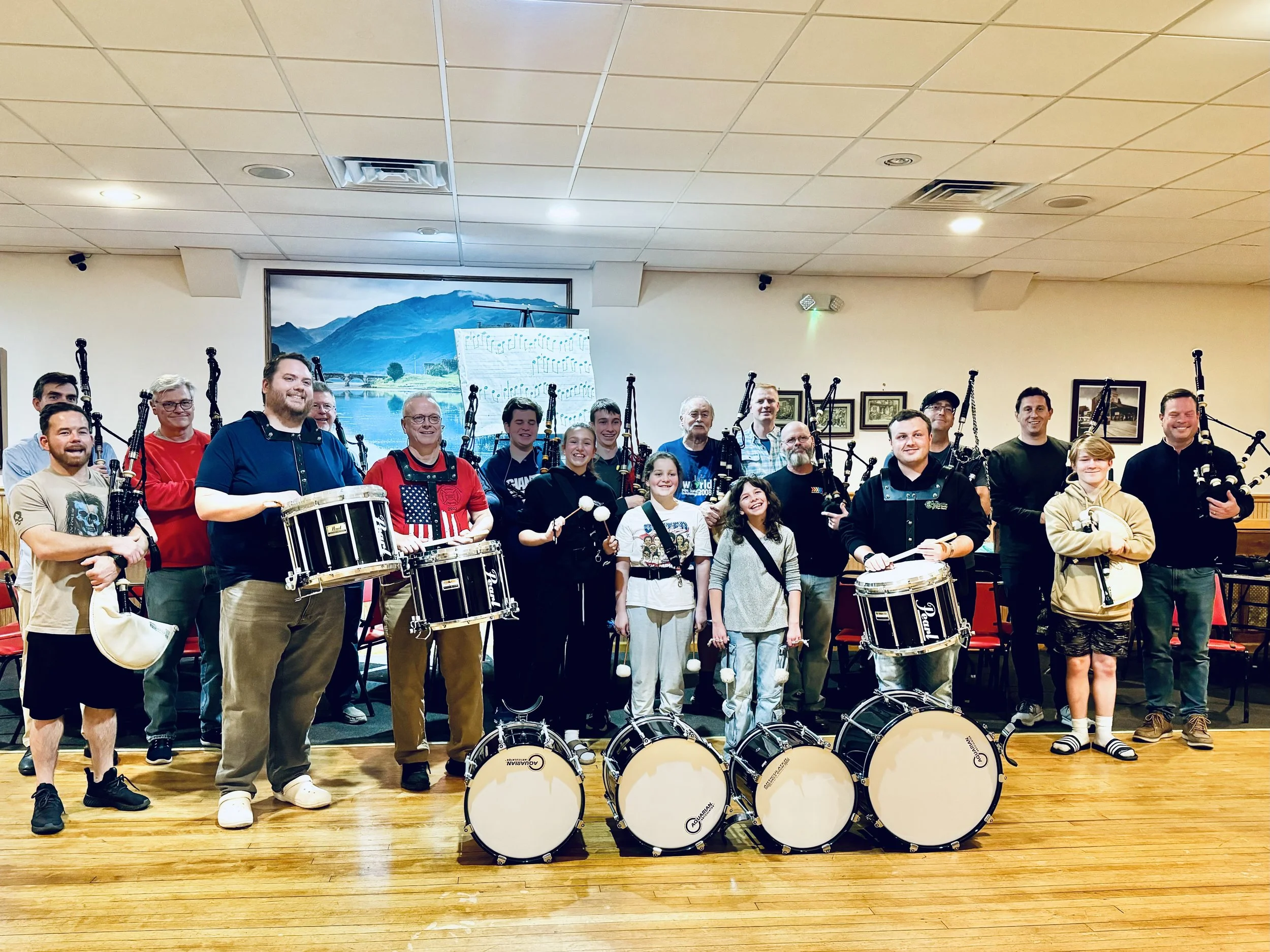 The Columcille School of Piping and Drumming during a Monday night rehearsal in the Winter of 2025.