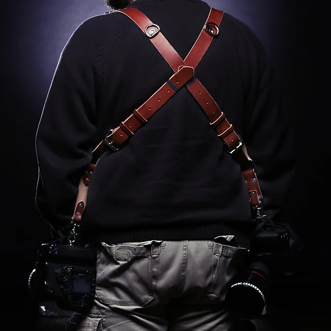 The back of the MoneyMaker. A criss cross pattern with buckles and D-rings. Mike Hammer’s revolver and shoulder holster sold separately.