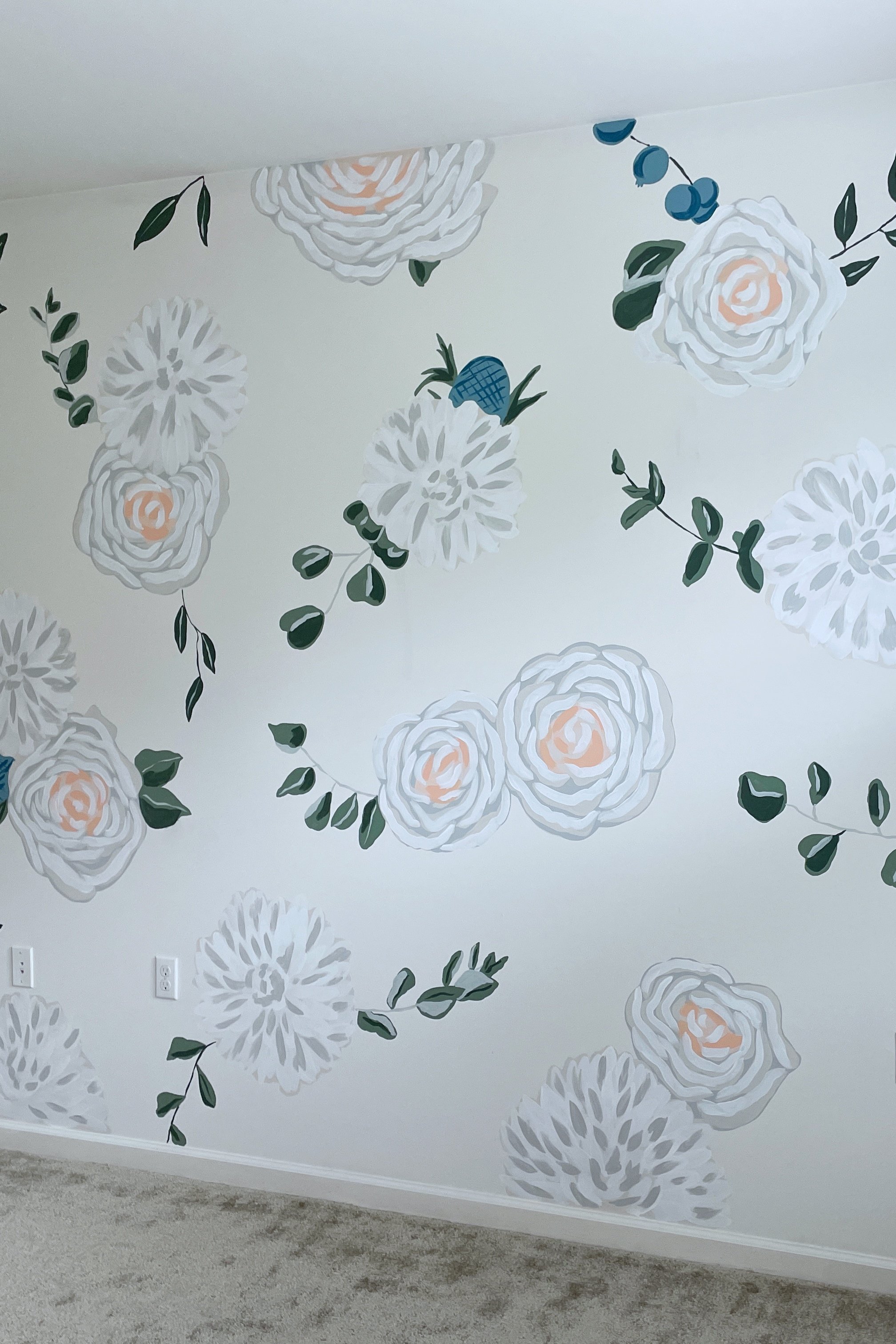 White Roses and Floral Handpainted Wallpaper