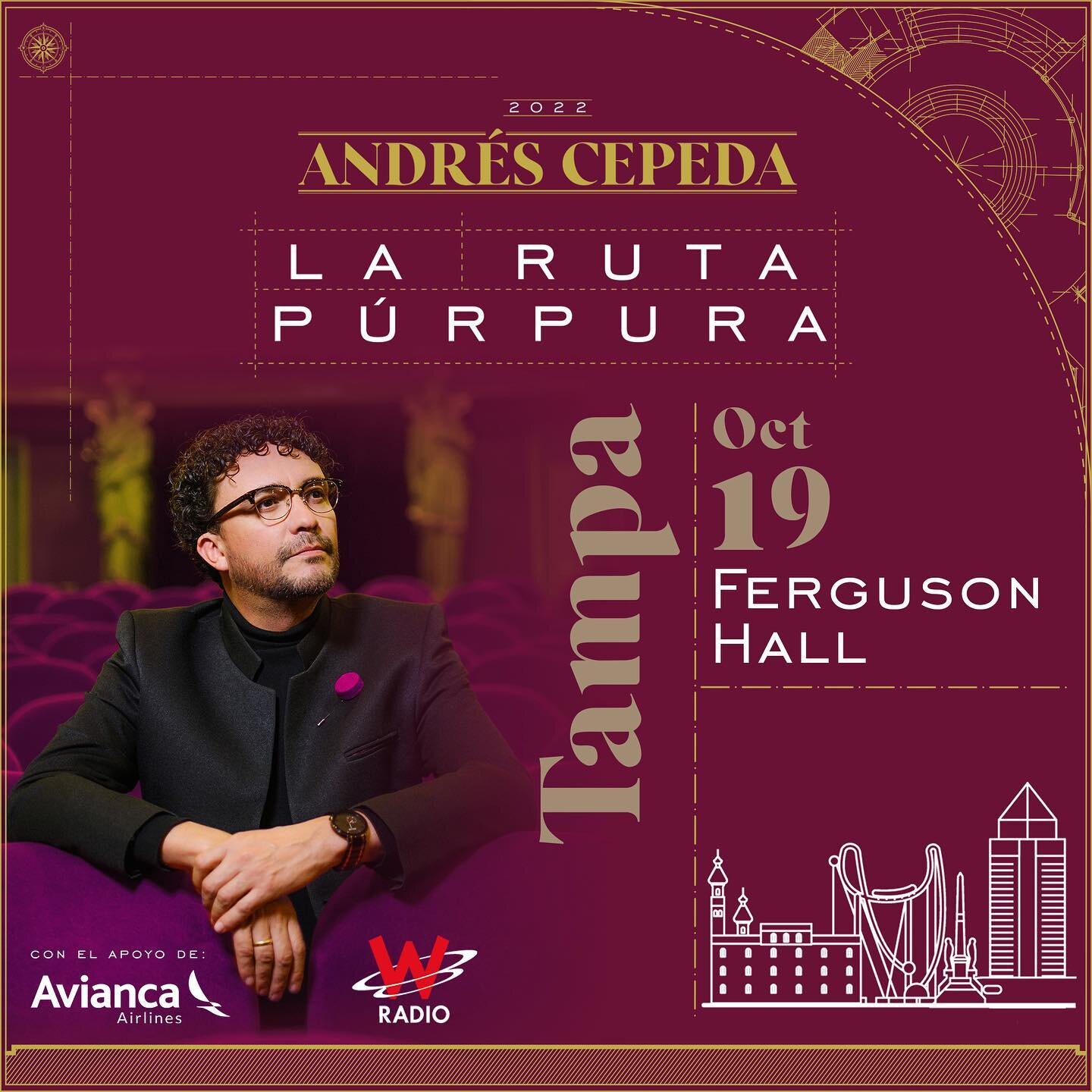 &iexcl;Este 19 de octubre #LaRutaP&uacute;rpura llega a #Tampa! Nos vemos #FergusonHall para cantar.
🎟️ Entradas en andrescepeda.com.co