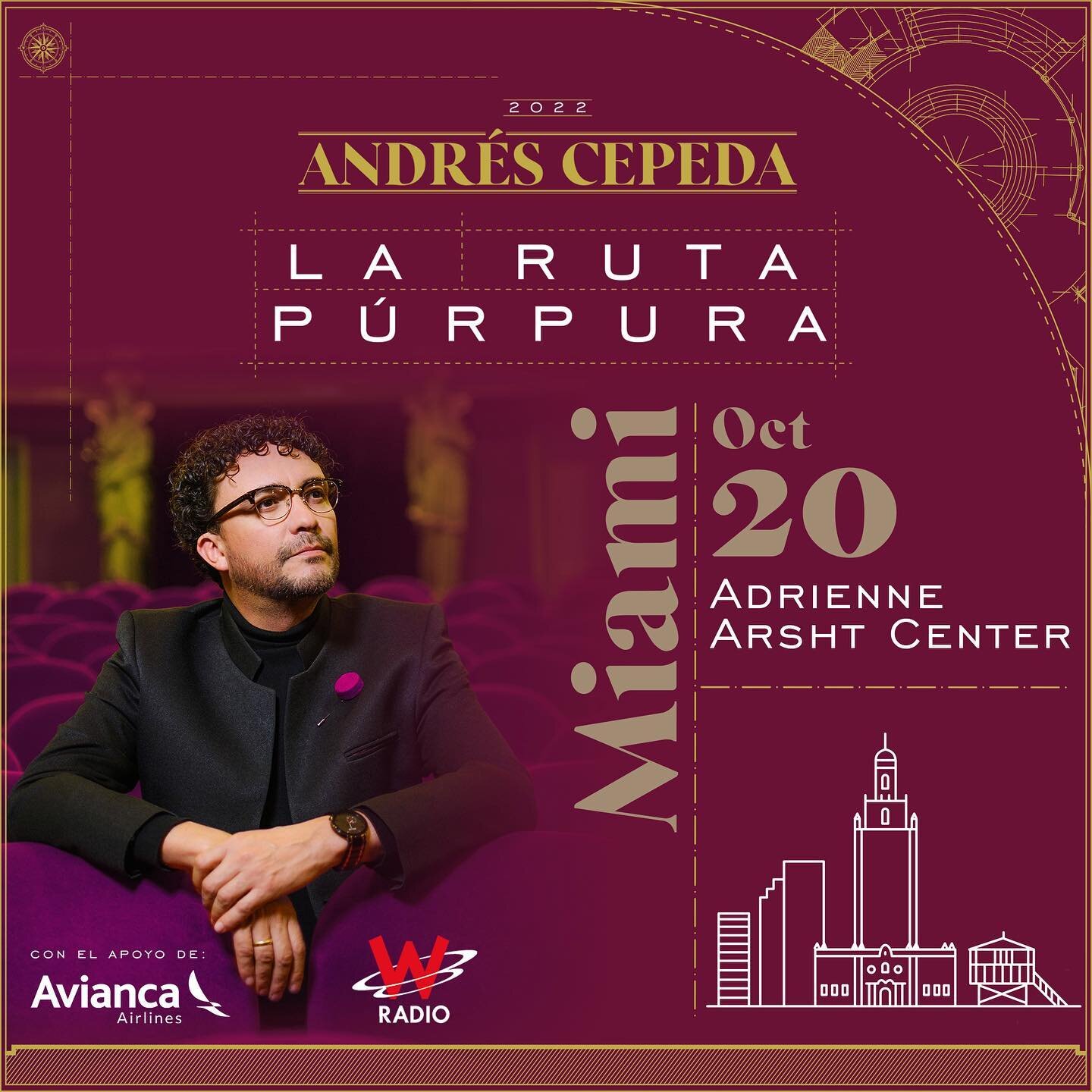 #Miami, estamos a menos de un mes de nuestra cita en el @arshtcenter. Nuestra gira #LaRutaP&uacute;rpura llega el 20 de octubre.
&iquest;Ya tienes tus entradas?
🎟️ en andrescepeda.com.co