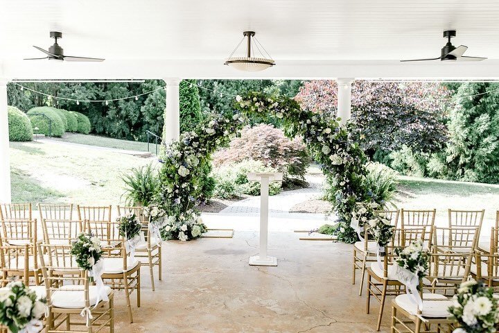 The pavilion at Sunnybrook is such a perfect spot! 
We added the split moon arch with lush greens and florals to the pavilion-a perfect place to enjoy the weather and views here in Virginia, while still being protected from the hot sun or random rain