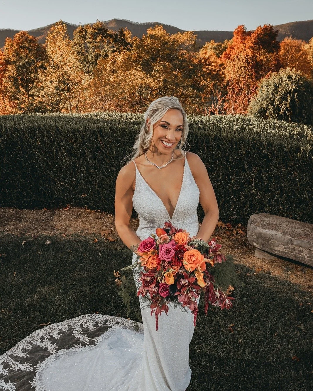 Happy wife, happy life! She glows! The bouquet echos the fall colors with the prettiest pop of pinks &mdash; thank you for trusting us to bring your floral dreams to life! Obsessed!

speckled orchid bouquet | local Virginia flowers | Virginia fall we