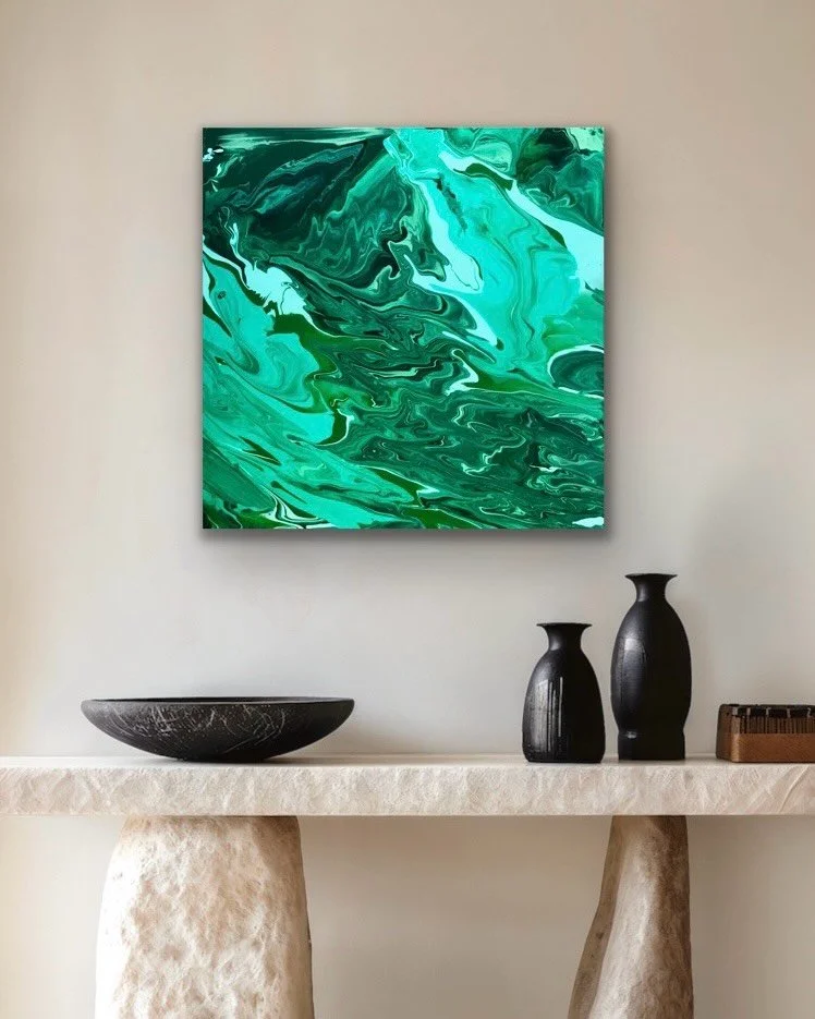 - Malachite -
Wishing everyone a Happy Saint Patrick&rsquo;s Day!

Available🍀 
20 x 20 x 1.5 inches original mixed media on canvas.
This fluid piece is sealed in resin and signed on the side.