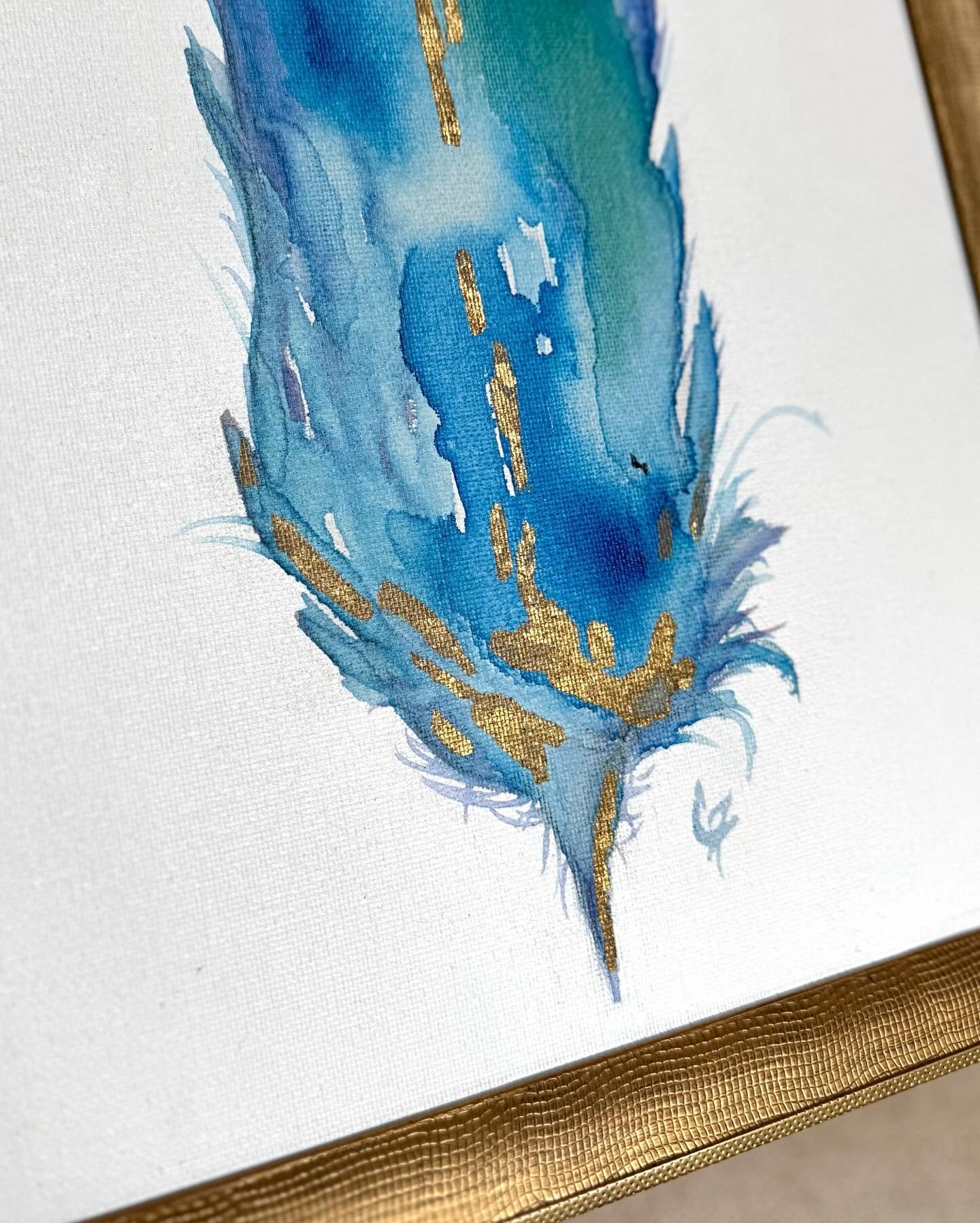 Feathery details this Friday ✨ 
Highlighting the shimmery hand-applied gold leaf notes on this original watercolor and acrylic ink work on canvas. 
Up for auction this weekend at the 2026 Scots Spectacular @lyoncollege . Wishing everyone a wonderful 