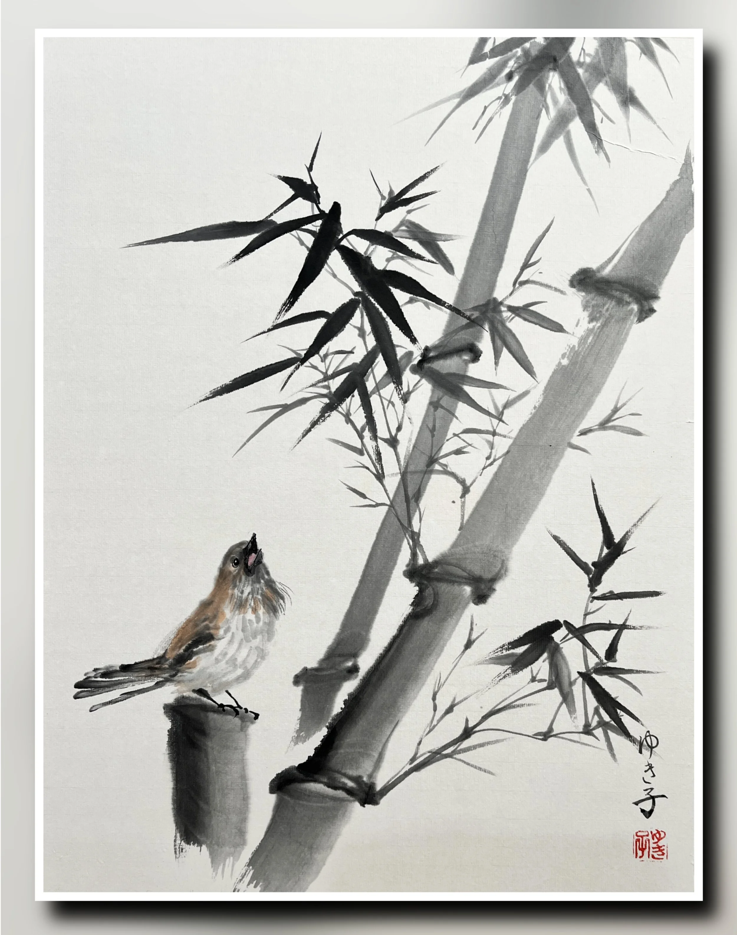 Singing in the Bamboo Forest
(13.5x18 sumi ink and Chinese watercolors on raw xuan paper)