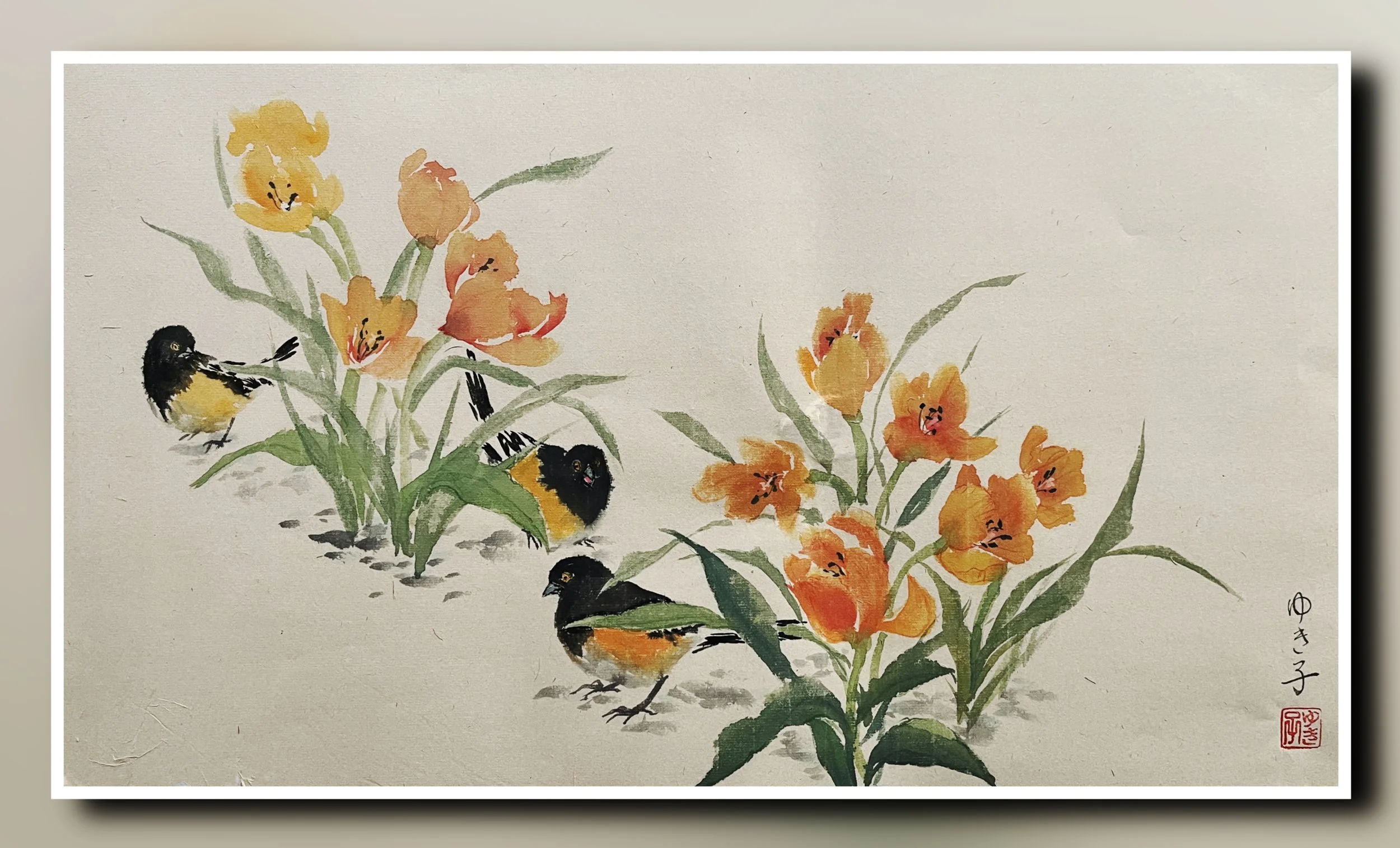 Tulips and Towhee Birds
(23.5x13.5 sumi ink and gansai colors on bamboo paper)