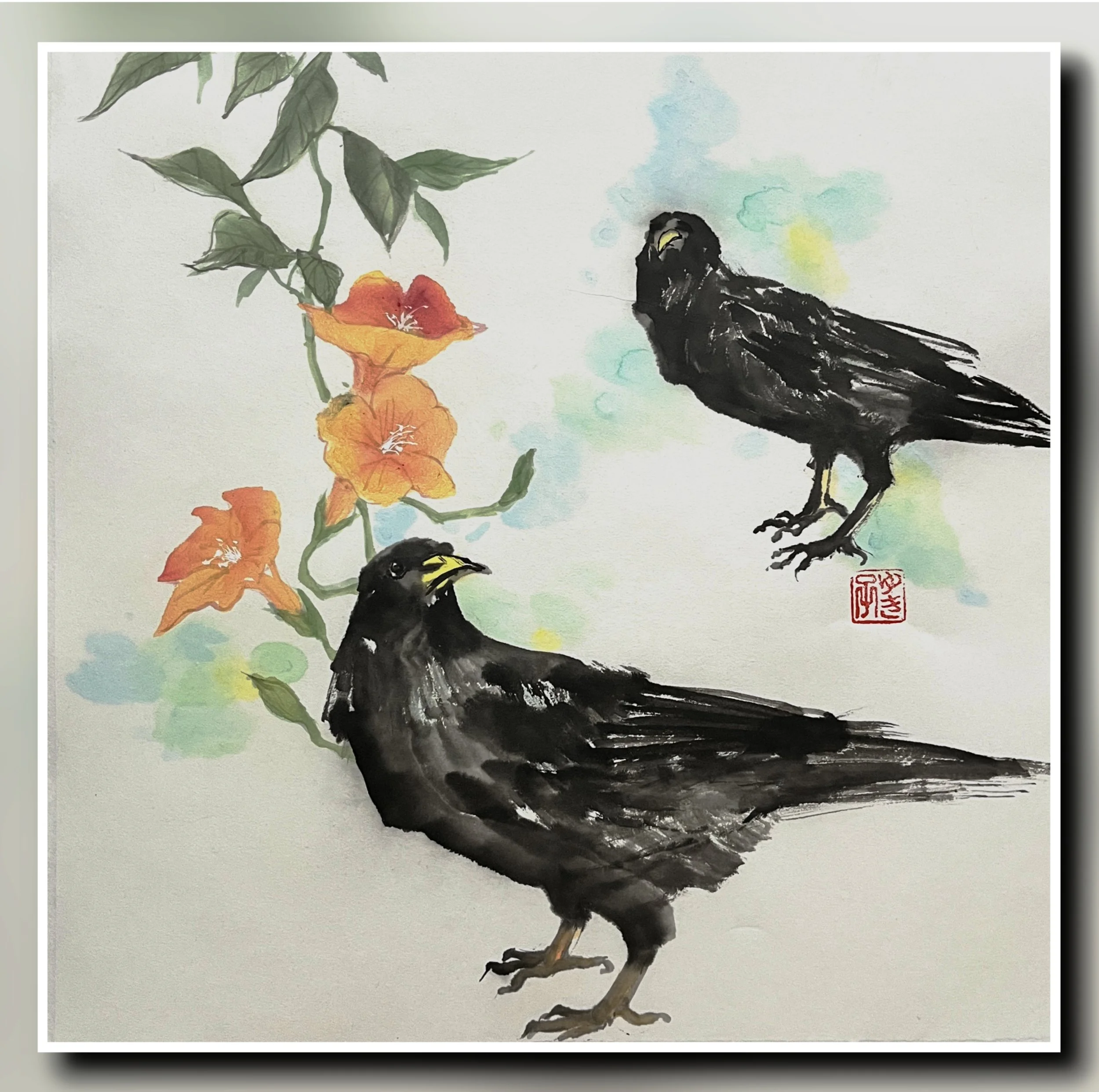 Two Crows
Painted with saiboku (color ink sticks) and sumi ink on rice paper.