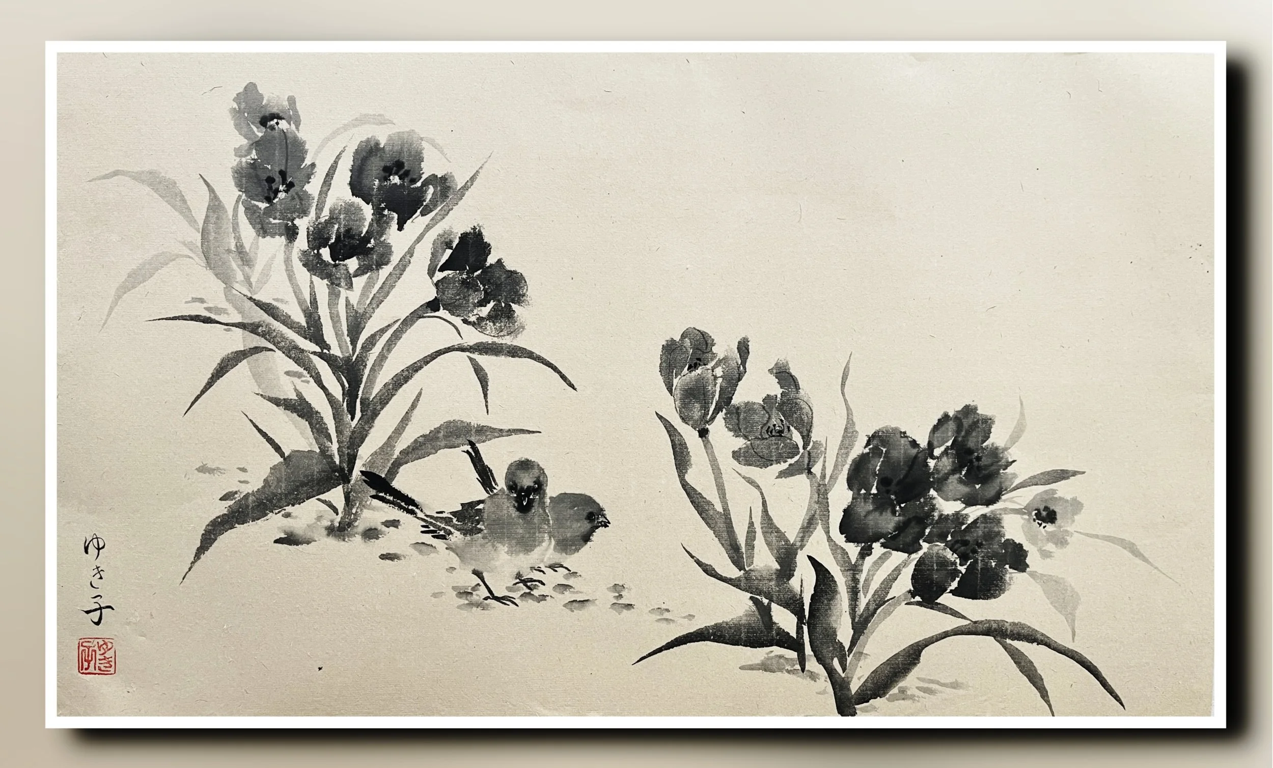 Stroll Among Tulips
(23.5x13.5 sumi ink on bamboo paper)
