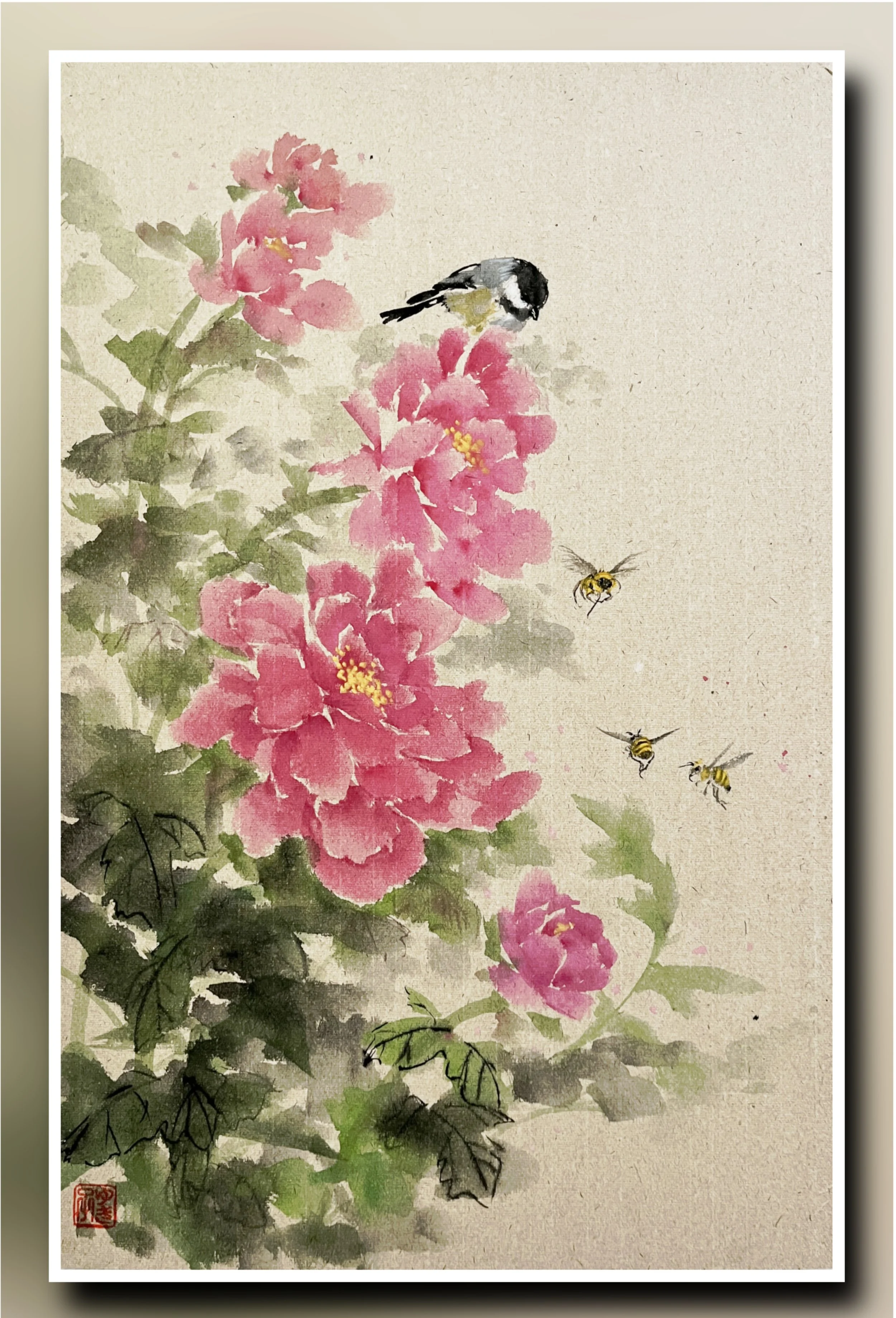 Peony Flowers, Chickadee and Bees