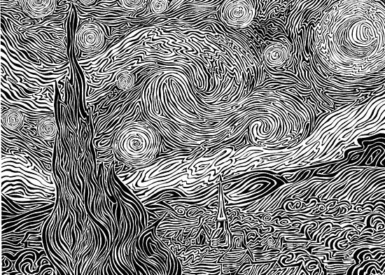 Black and white lineart of Starry Night
