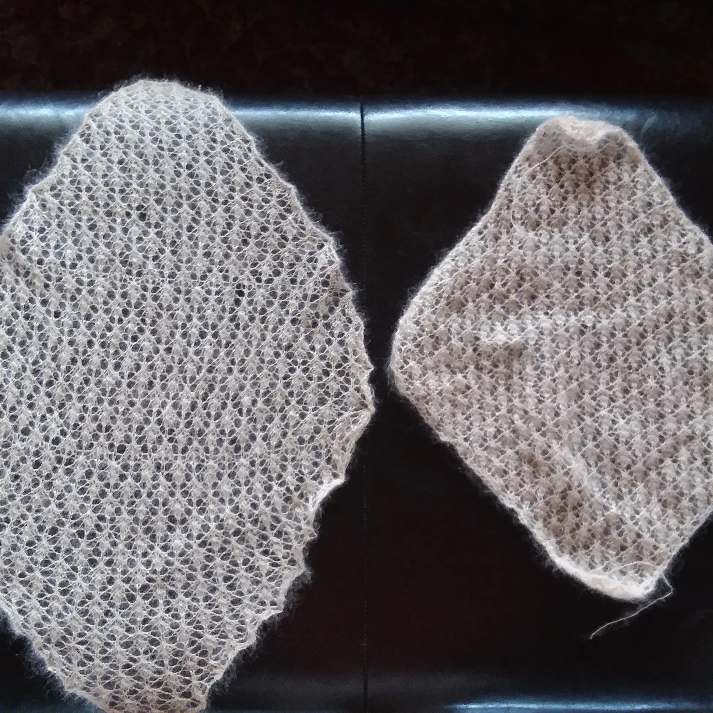 Same number of stitches, same pattern. Left has been blocked already, right hasn’t been blocked yet.
