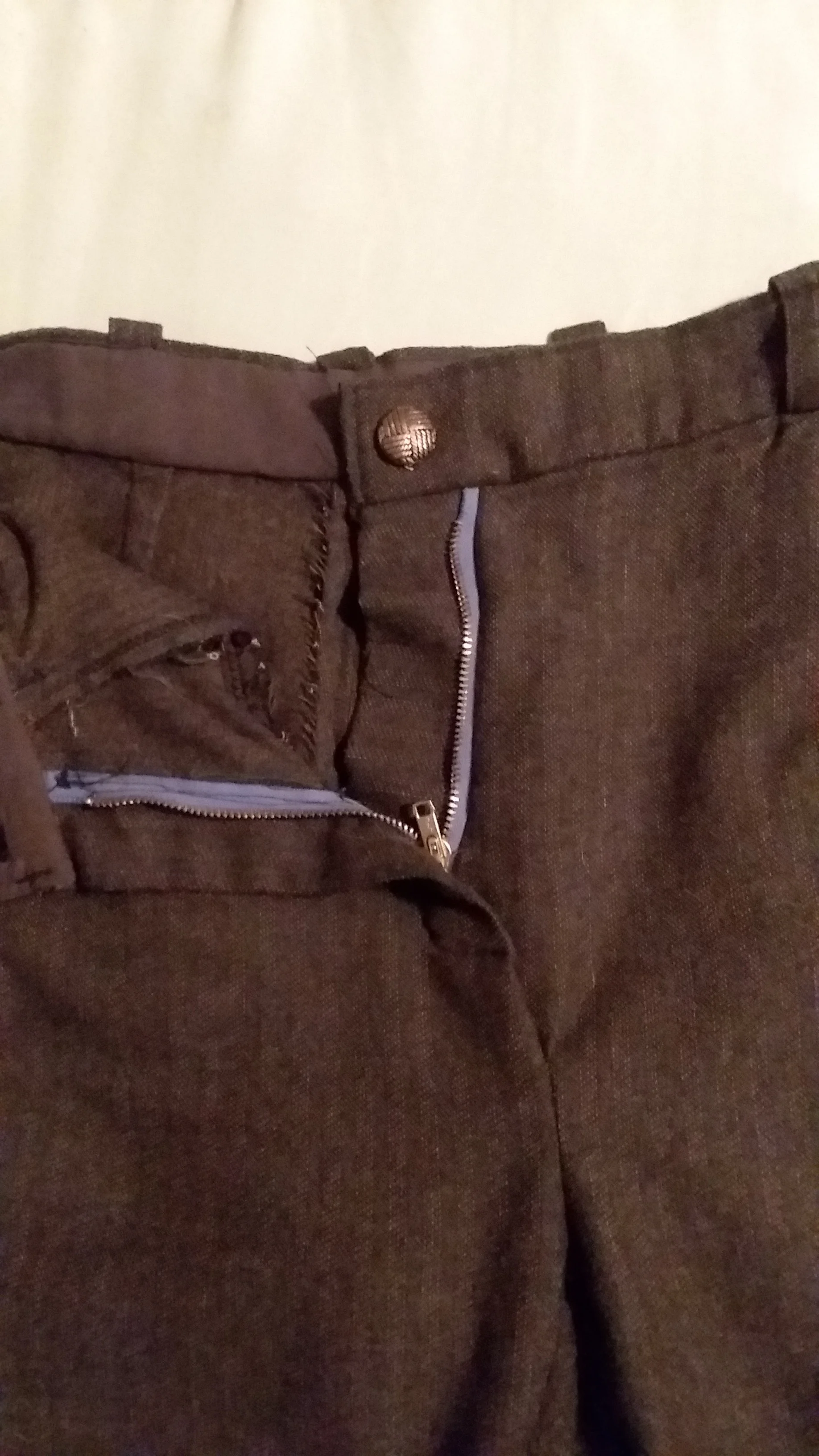 Who needs to finish edges? Not me! Here you can see the fly zipper I added. It works pretty well. You can also see the belt loops I added. They are not quite symmetrical in their placement if you’re looking from the front. Note to self: Next time, the belt loops should be placed while the fly is closed.
