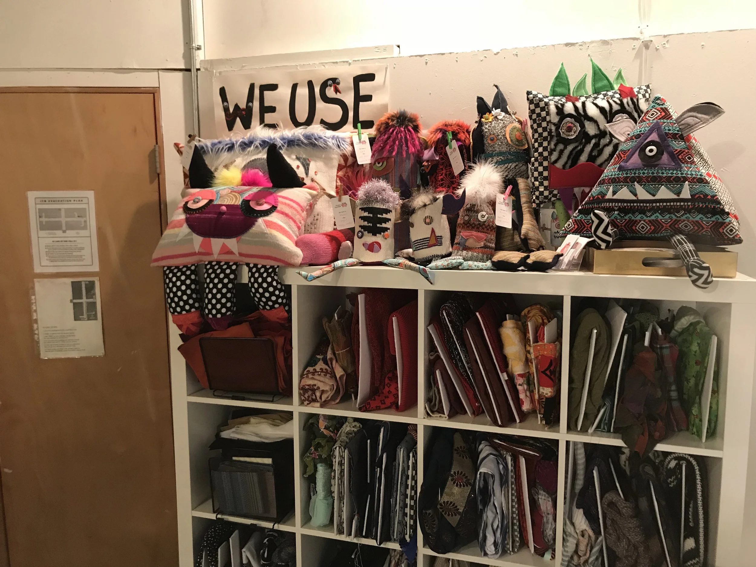 Textiles that we hsve curated, and some of our finished Squeebles!