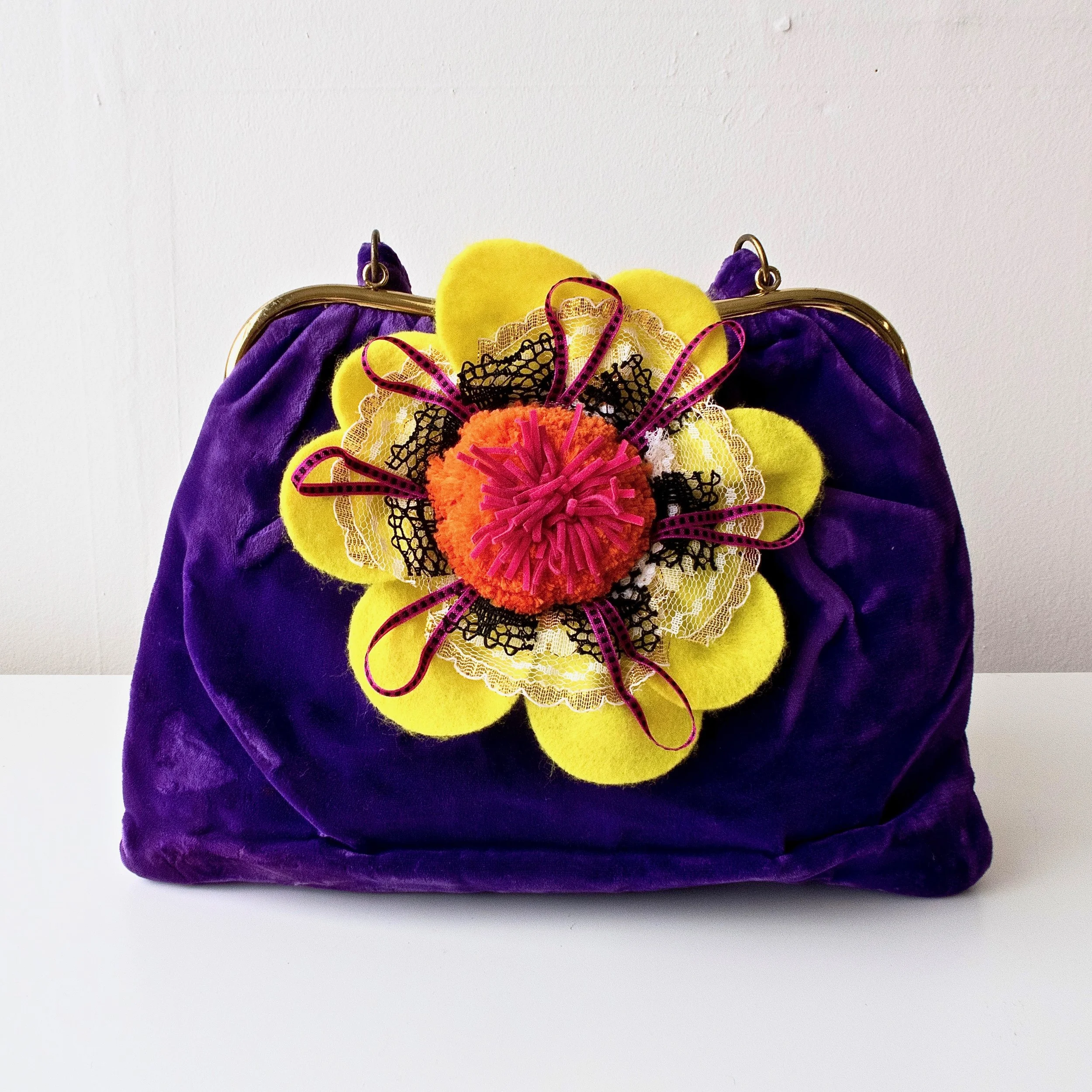 Vintage Velvet Handbag with Upcycled Floral Embellishment