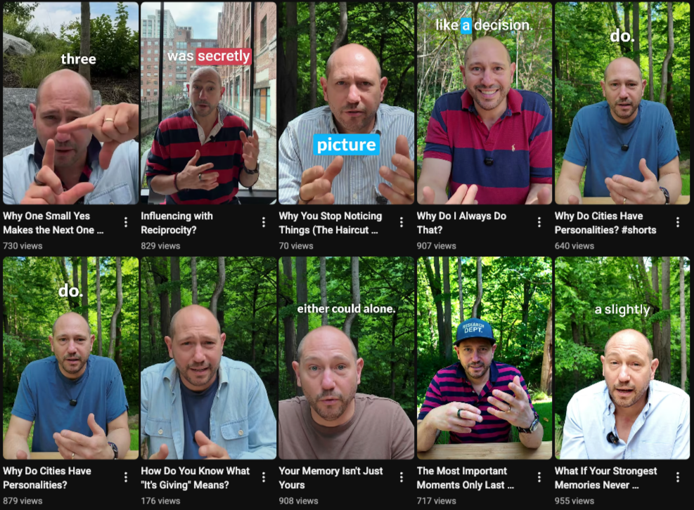 Grid of Outside Insights YouTube Shorts featuring Helpfully founder Zach Pousman