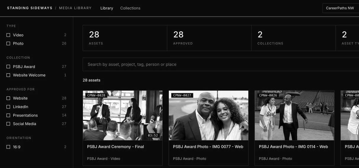 Client portal for CareerPaths NW, showing approved photos and video from the PSBJ Award event