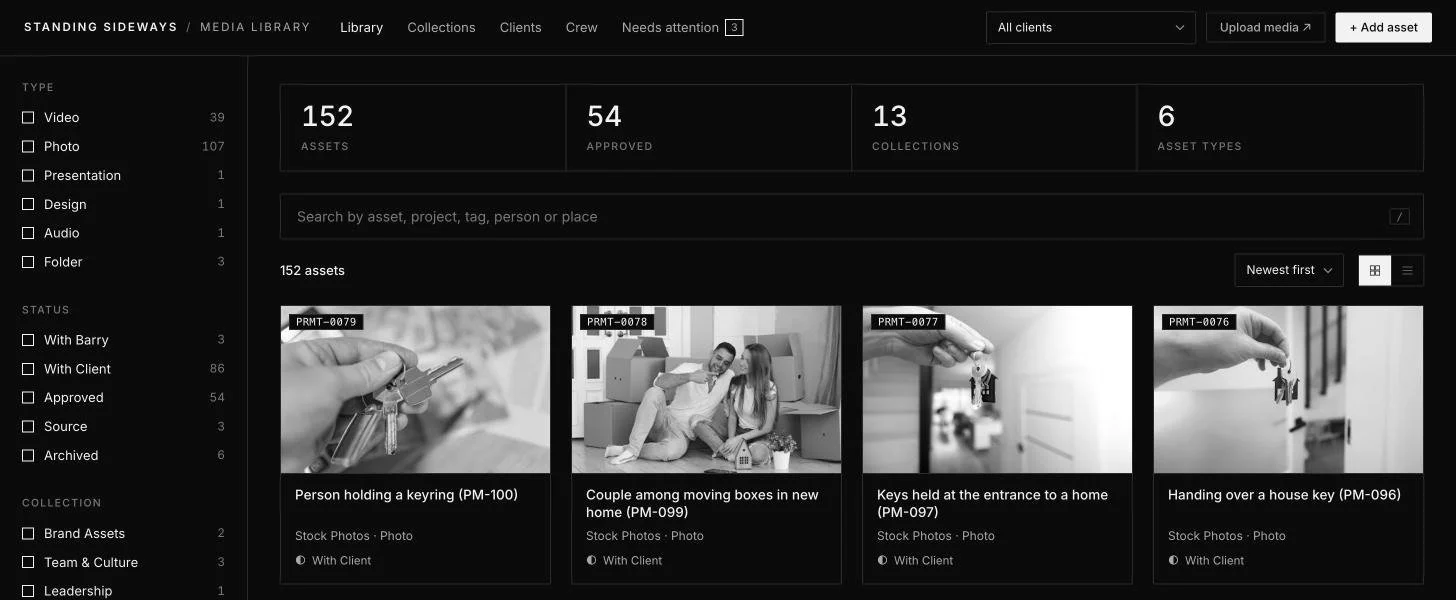 The Standing Sideways Media Library, with every shoot organized, tagged and searchable