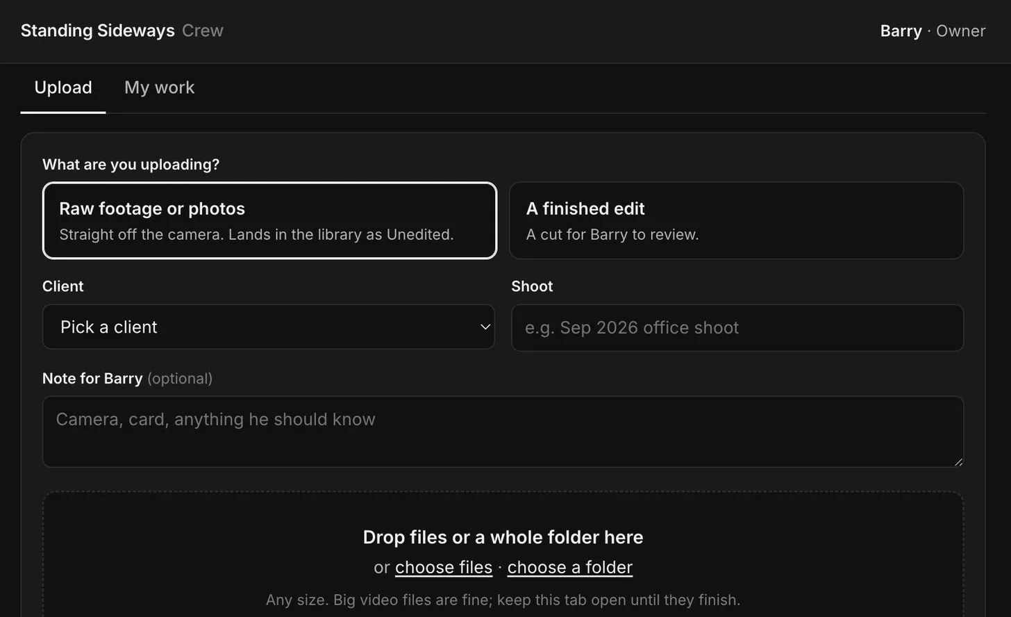 Crew upload page where videographers send raw footage or finished edits to the Media Library by client and shoot