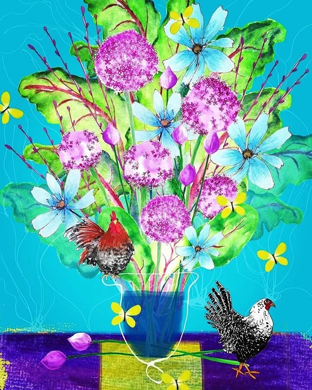 This is my latest collection on the go, inspired by rooftop fruit and vegetables, this is spinach with onion flowers and a couple of chooks  @victoriajohnsondesign  @victoriajohnson_createexplore  #createcollections  #brooklyngrangerooftopfarm