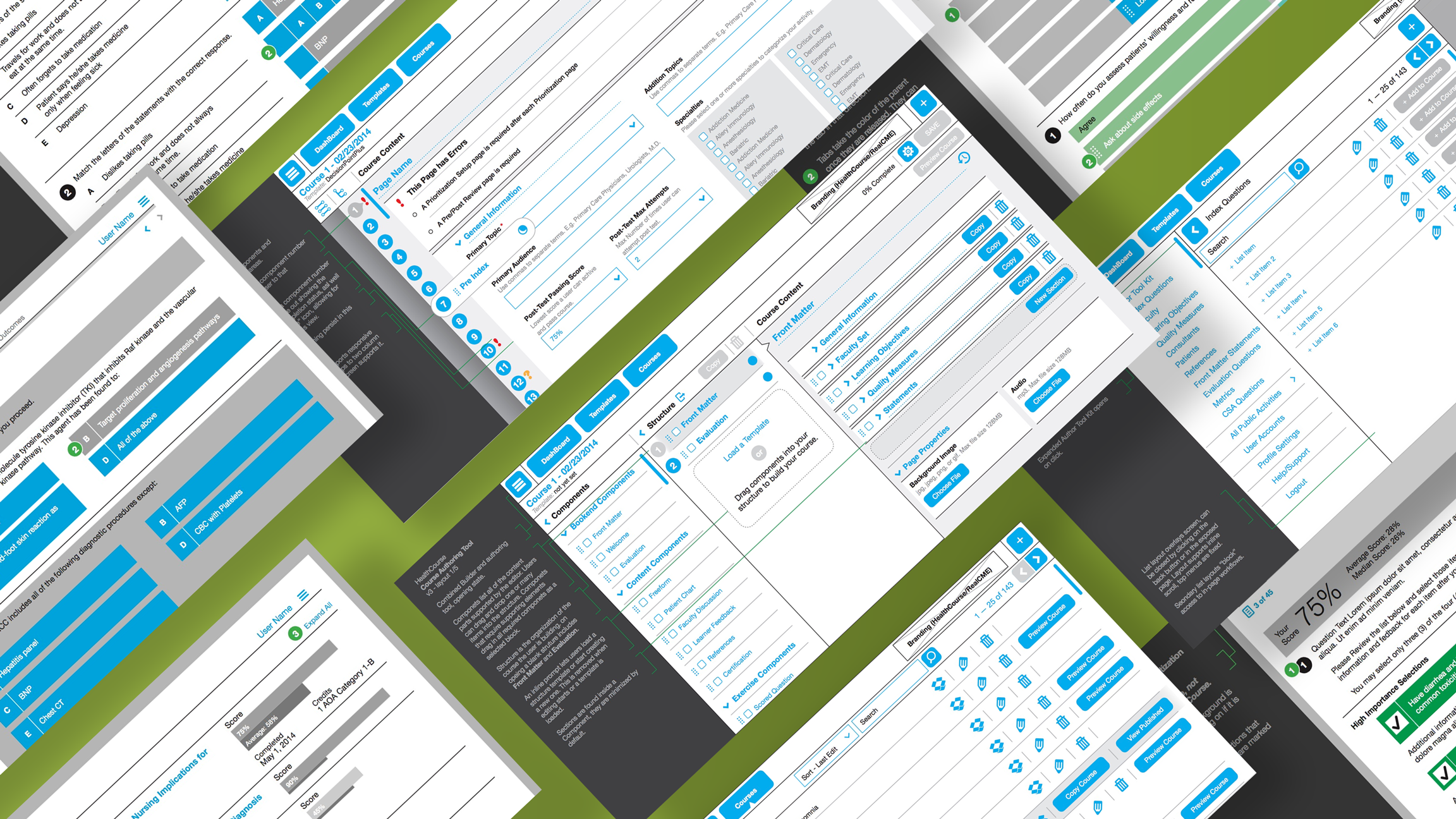 Detailed, annotated wireframes were used to define key features of the application. Core behaviors were completely re-invented to support touch and responsive layouts in the future.