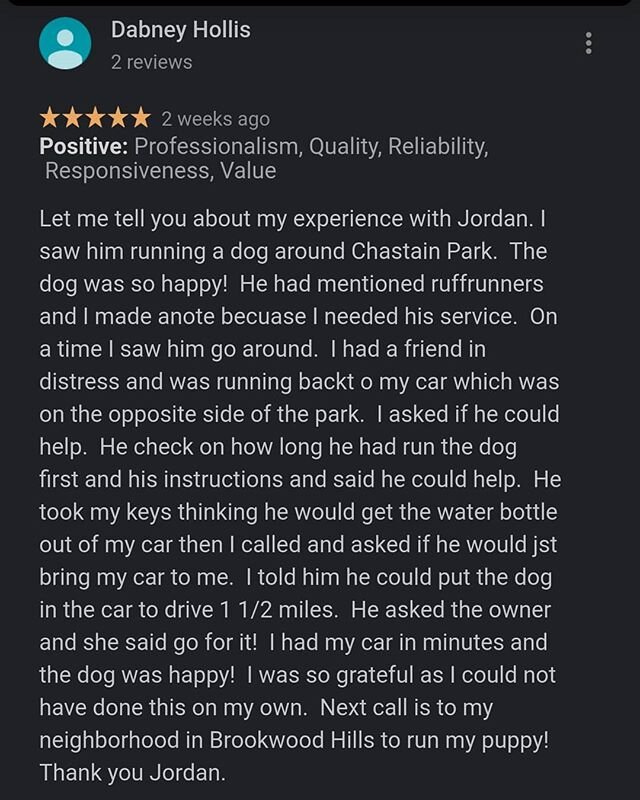 Dabney has never used our dog running services before. We love a happy ending, but our favorite part about this story is that during her first interaction with us she learned that the safety of our pups is our top priority.
Have you enjoyed our servi