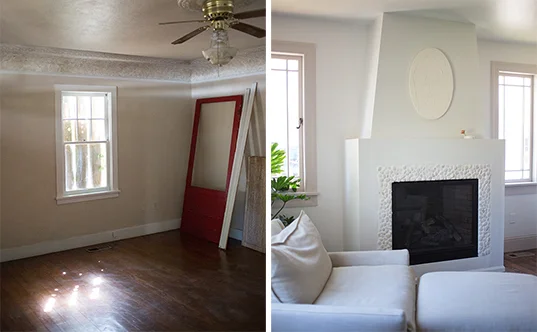 we removed this off center window and added a fireplace with two salvaged windows on each side. I love how they swing open!