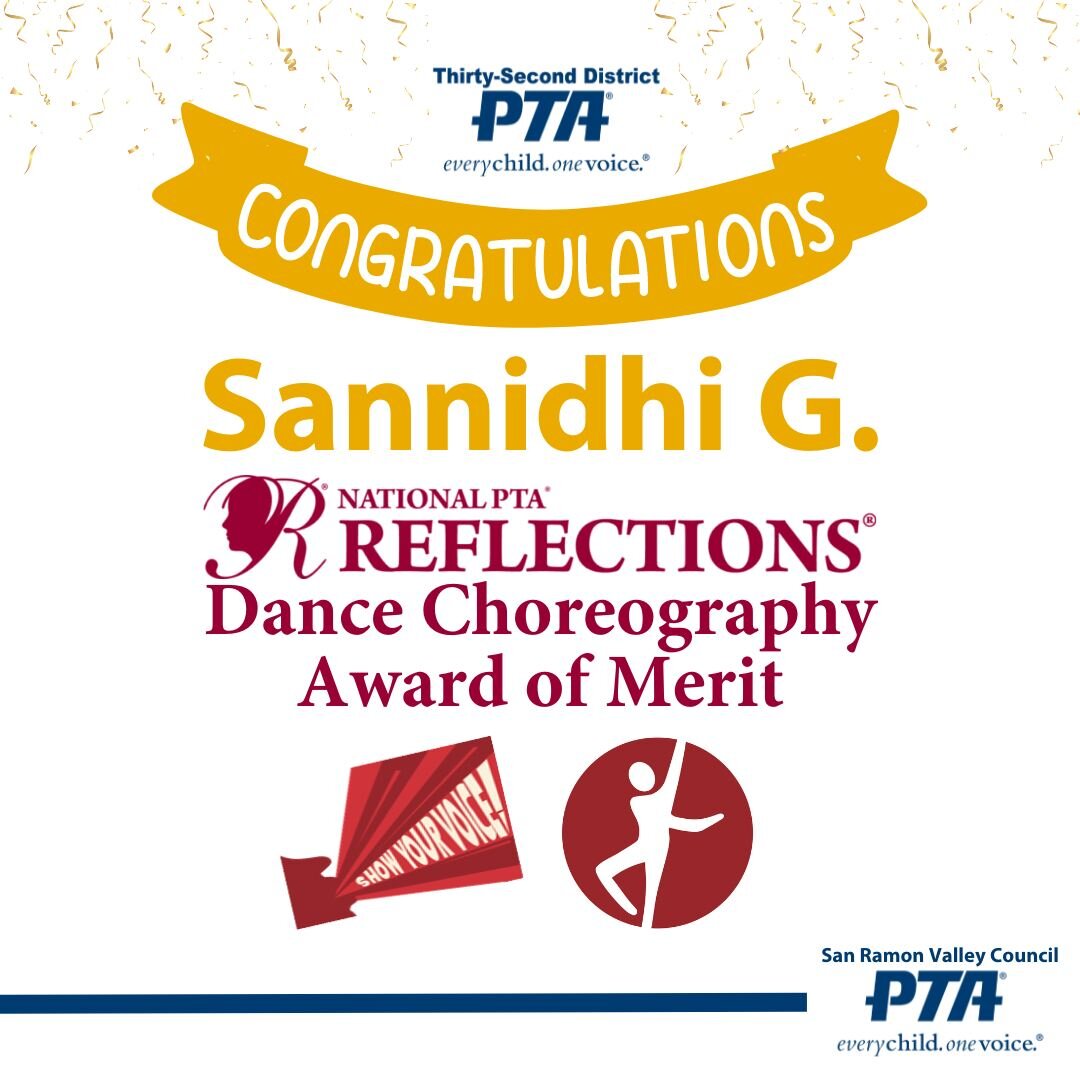 🎉 Join us to congratulate Sannidhi G. from San Ramon Valley Council of PTAs on their @nationalpta Reflections Award of Merit in Dance Choreography! 🎉

To our young artists: it's not too early to get started on your submissions for 2023-2024! Your t