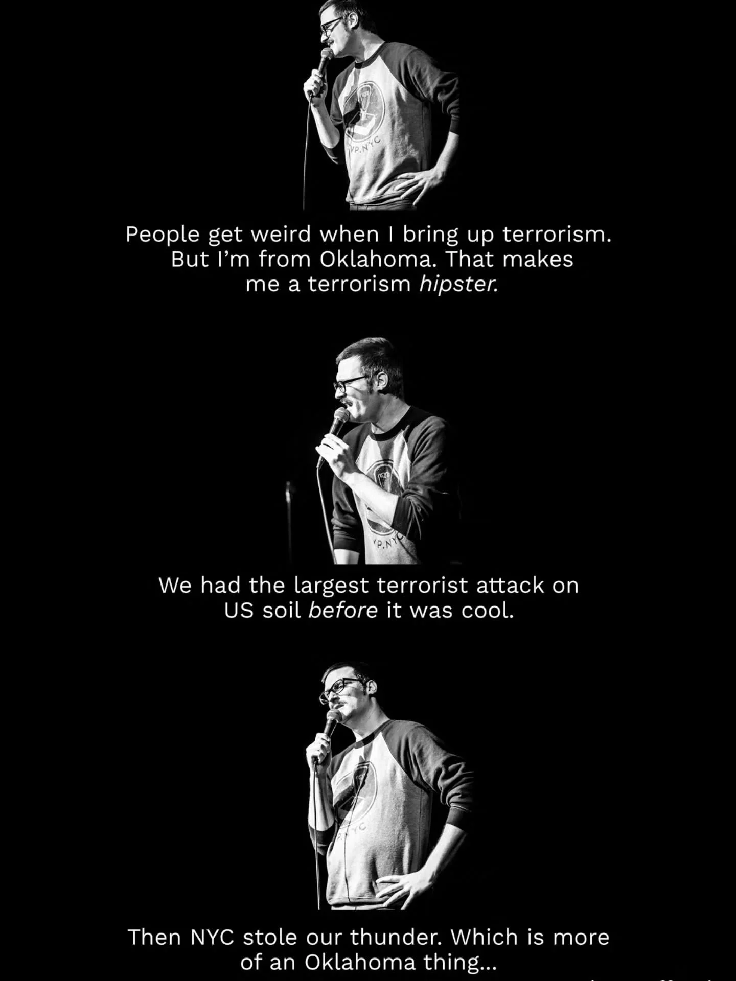 Seems like comics are posting their jokes in  this panel format now. I guess I can also give it a shot? This a joke about music and 9/11. 

#comedy #standup #911 #nyc #funny