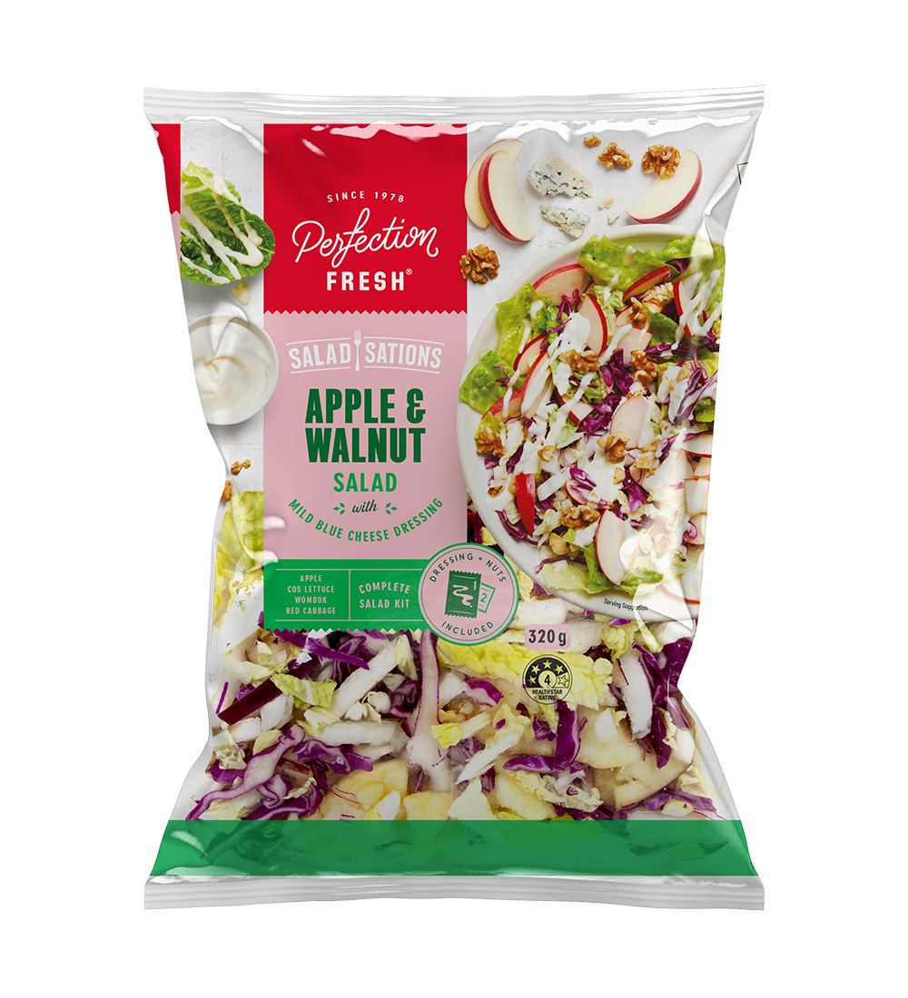 Perfection Fresh Apple & Walnut Salad Kit packaging with blue cheese dressing.