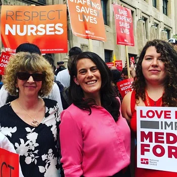 State Rep. Elizabeth Fielder, Susan Reardon of BMWED, and Amanda McIllmurray at the ‘Save Hahnemann Hospital’ Rally