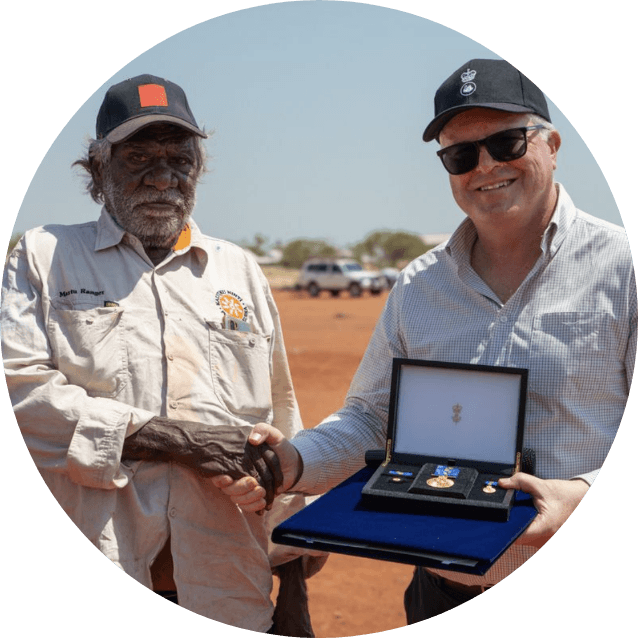 Muuki Taylor, Martu Elder and KJ co-founder, receiving the Order of Australia Medal, honouring his lifelong commitment to the Martu community and KJ